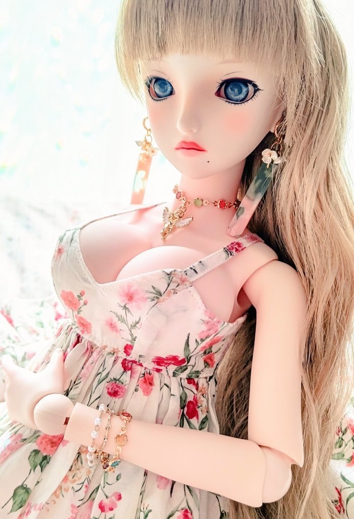 べっ甲とお花ネックレス(グリーン×ピンク)