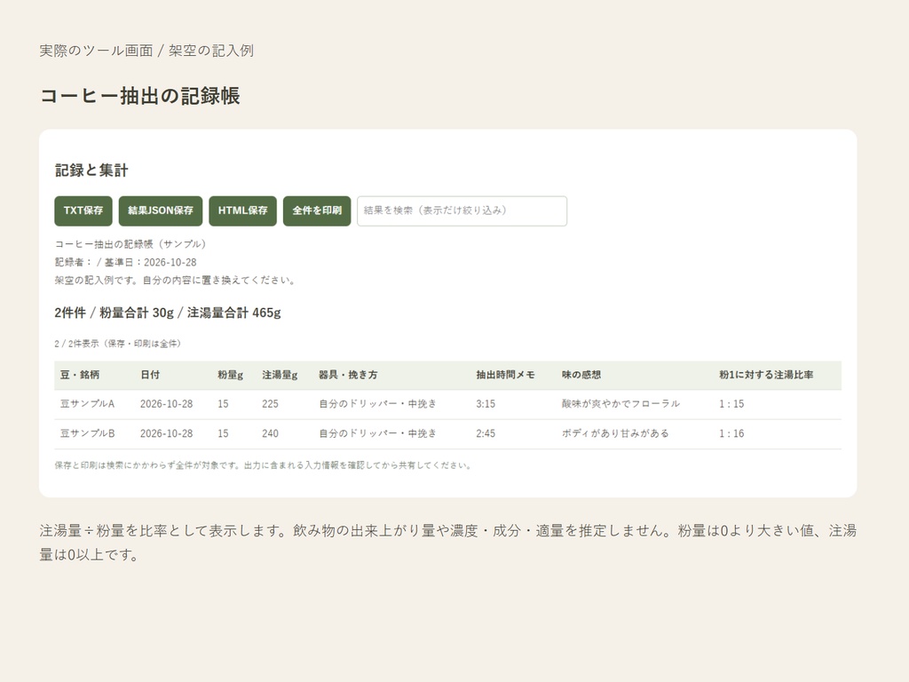 コーヒー抽出の記録帳|豆・粉量・注湯量・感想を比べて記録