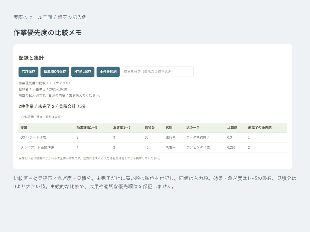 作業優先度の比較メモ|自分の評価と所要時間から、着手候補を並べる