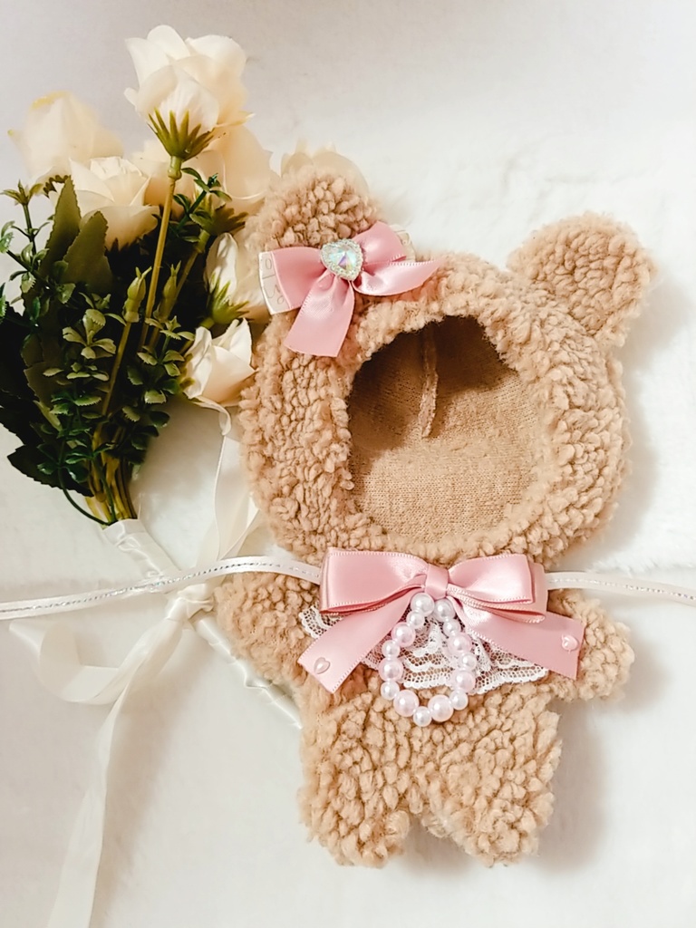 茶色くま✕薄ピンクリボン🐻 ぬい服