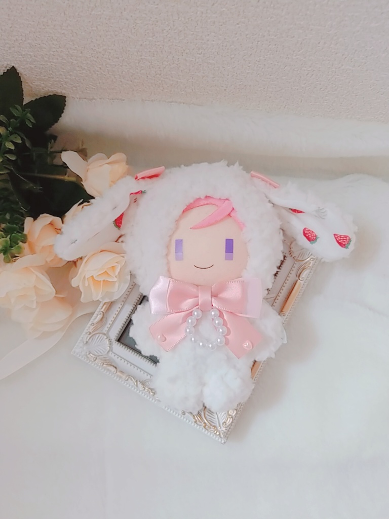 ふわふわ白うさぎ🐰✕ピンクリボン🎀 ぬい服 パールリング💎