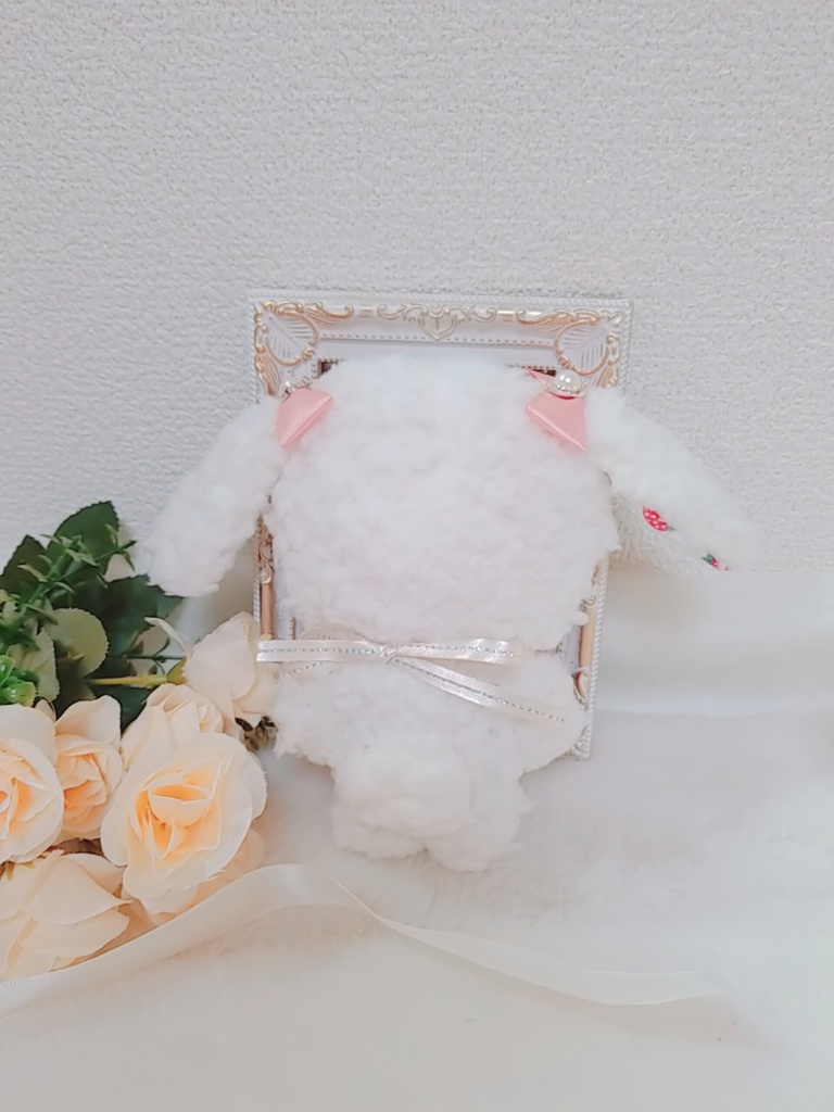ふわふわ白うさぎ🐰✕ピンクリボン🎀 ぬい服 パールリング💎