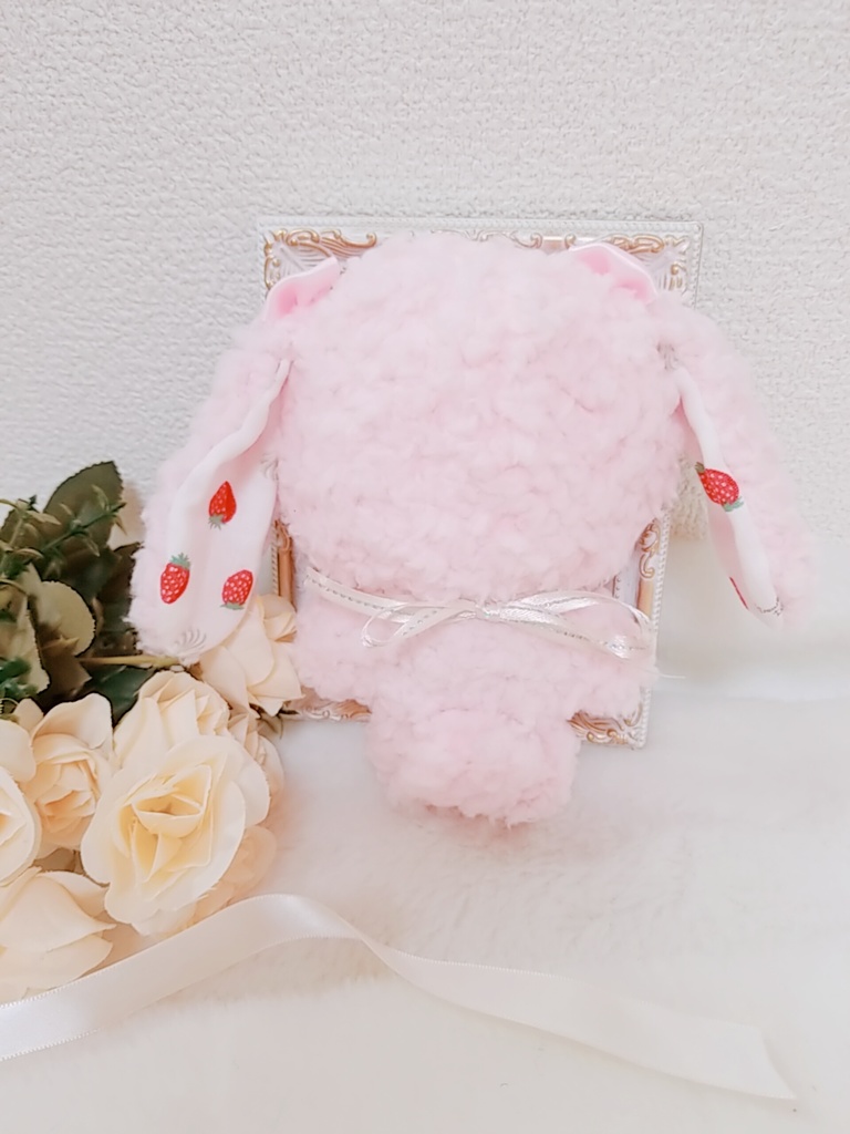 ふわふわ苺みるくうさぎ🐰🍓✕ピンクリボン🎀 ぬい服 パールリング💎