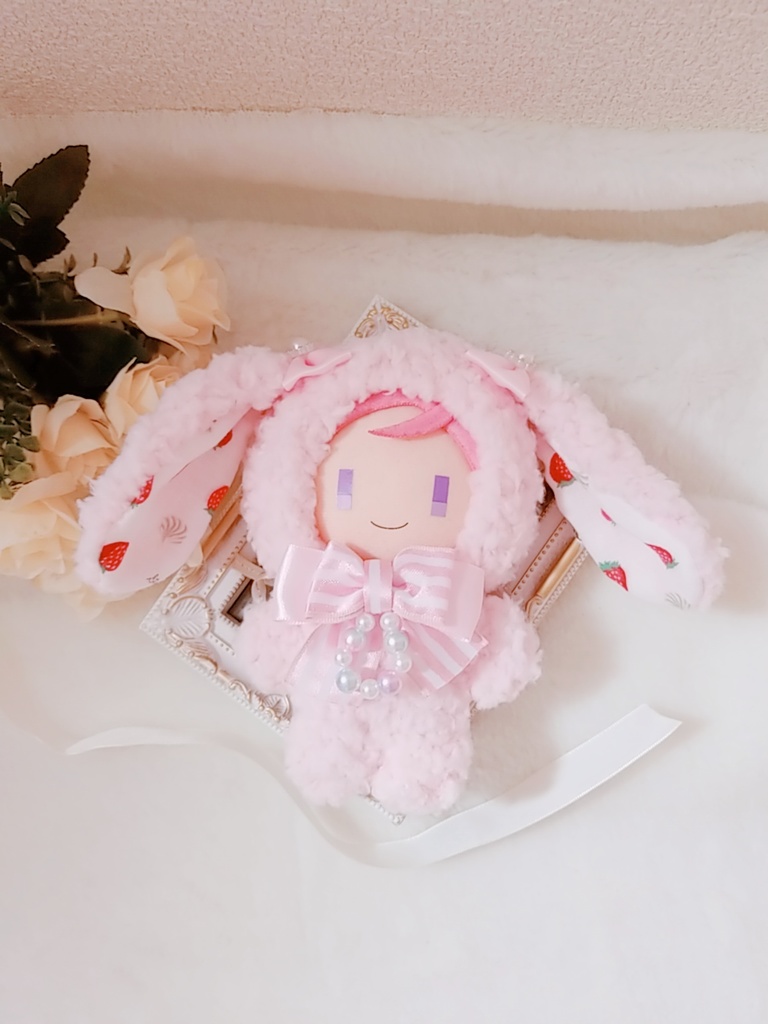 ふわふわ苺みるくうさぎ🐰🍓✕ピンクリボン🎀 ぬい服 パールリング💎