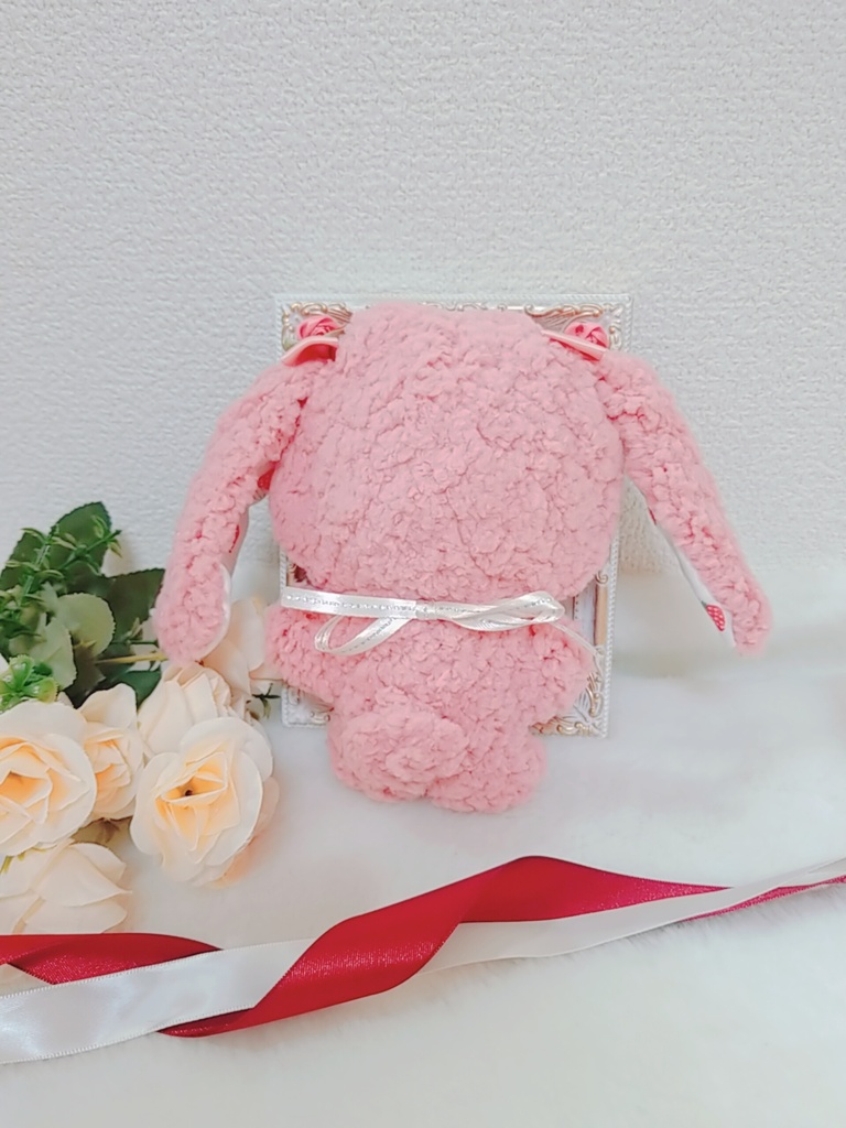 ふわふわ桃色うさぎ🐰✕ピンクリボン🎀 ぬい服 ビーズリング💎