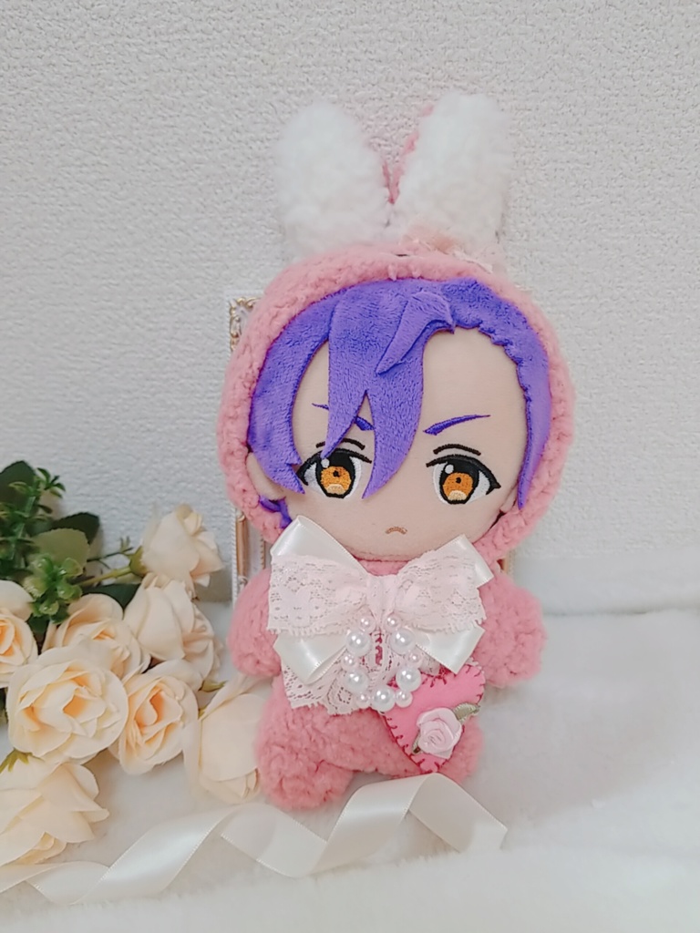 ふわふわ桜うさぎ🌸🐰✕ピンクレースリボン🎀 ビーズリング💎 ハート薔薇ポシェット付き🌹
