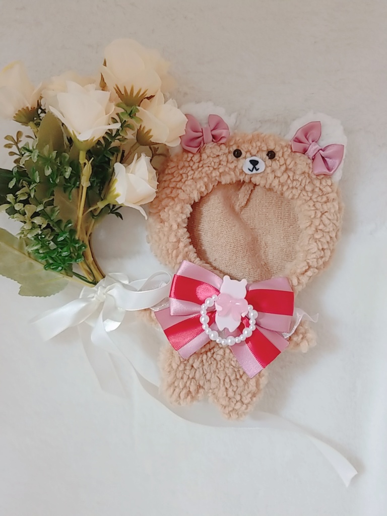 茶くま🐻✕フリル付きピンクリボン🎀 リボンくまブローチ❤