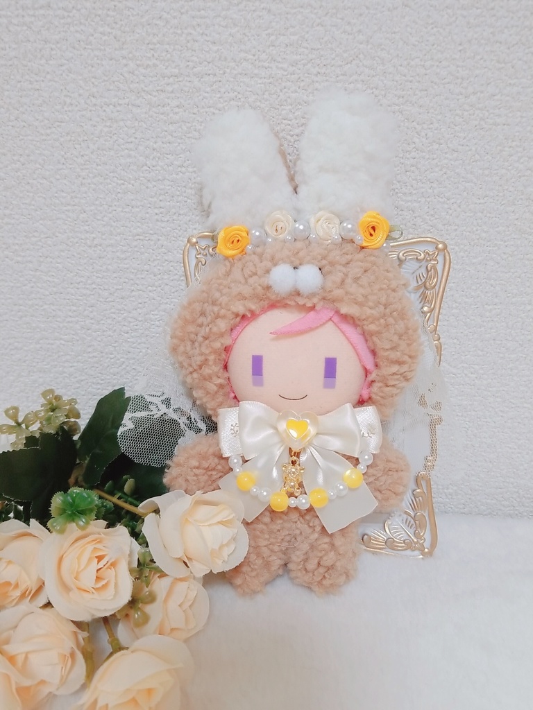 ウエディングうさぎ💒🐰黄薔薇のウエディングベール💛小さなくまちゃんチャーム🐻