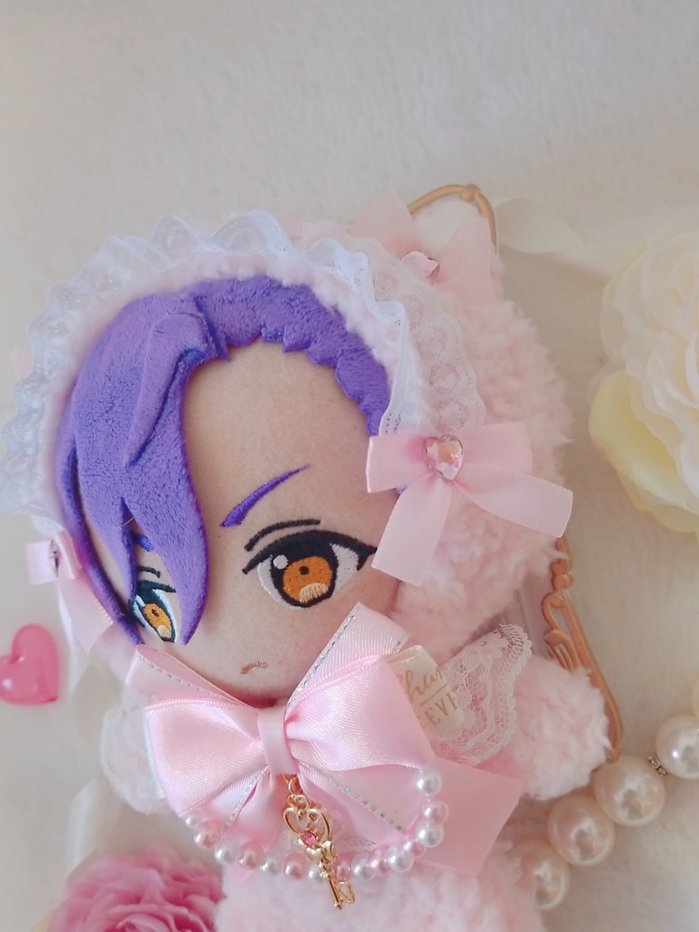 ふわふわ夢ねこ🐾✕ピンクリボン🎀ホワイトブリム💝 ハートの鍵チャーム🔑