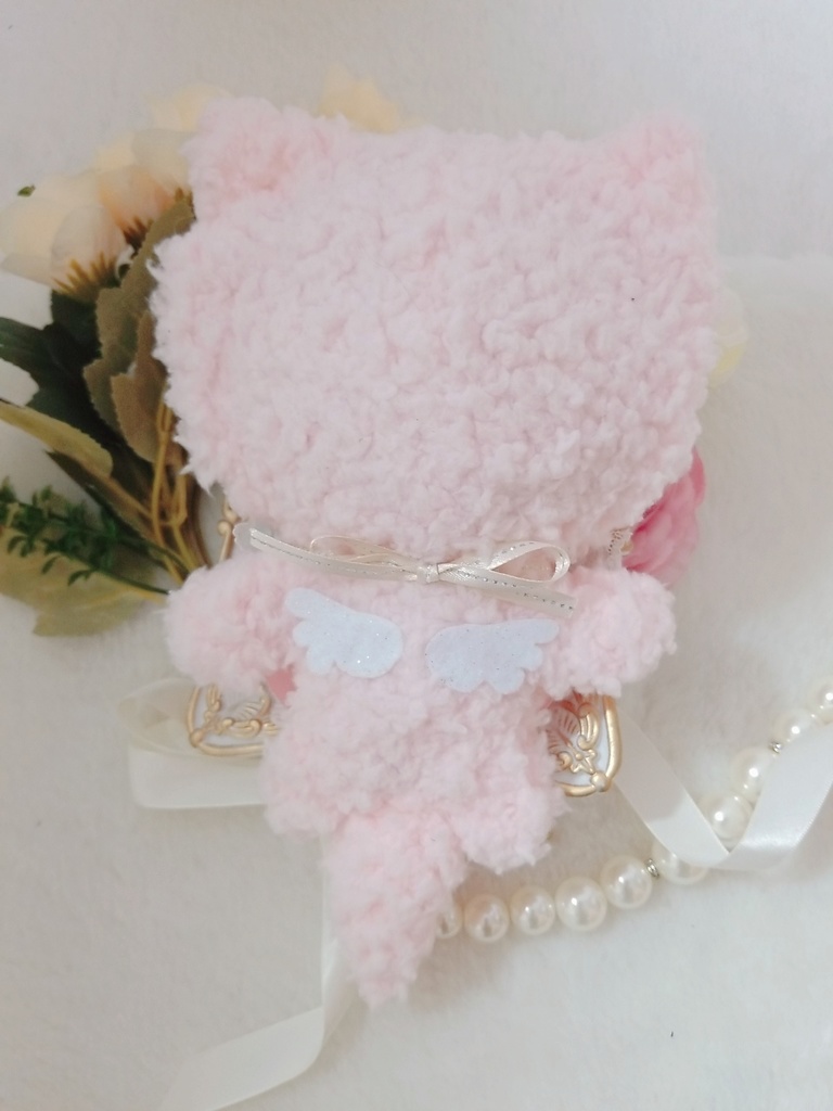 ふわふわ夢ねこ🐾✕ピンクリボン🎀ホワイトブリム💝 ハートの鍵チャーム🔑