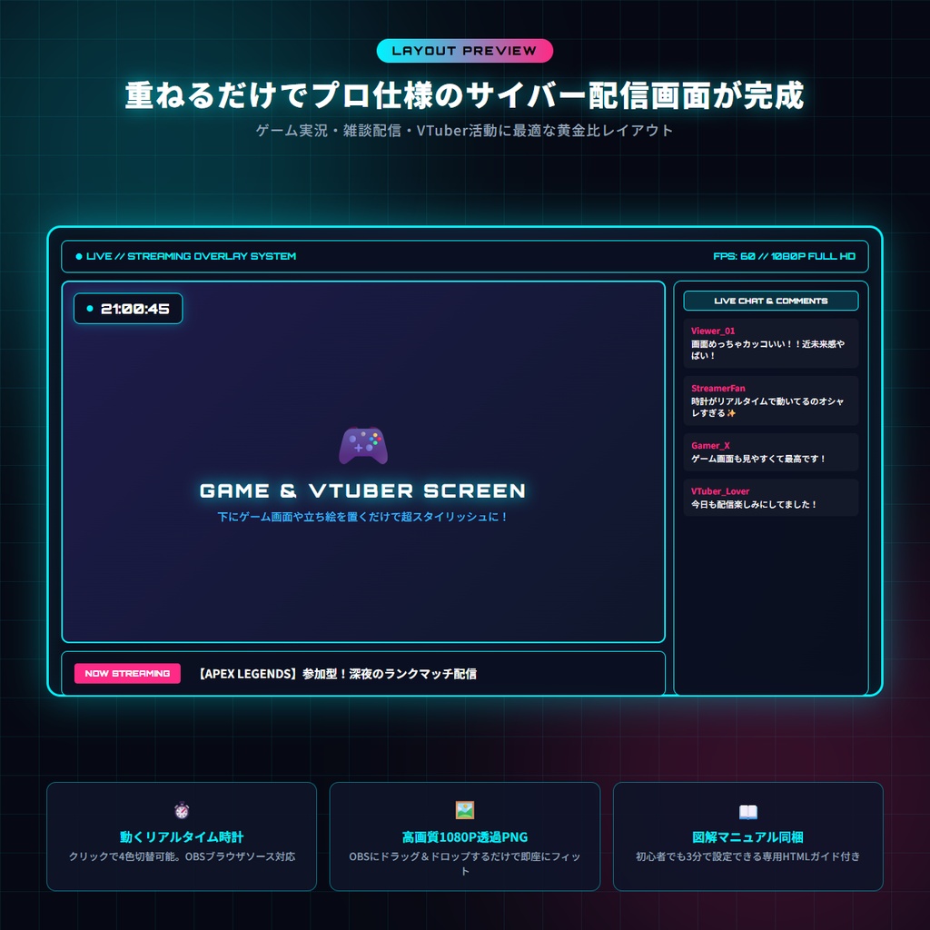 【無料版あり・TRPG/OBS対応】近未来ネオン×電脳都市『サイバーパンク』配信&TRPG画面キット【超完全版】(動く時計・待機画面・目標カウンター・環境エフェクト・わんコメCSS・シャッター演出・4色枠・商用OK)
