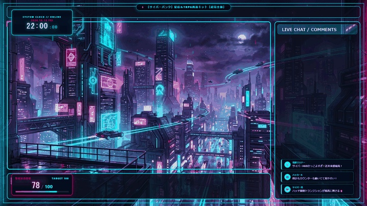 【無料版あり・TRPG/OBS対応】近未来ネオン×電脳都市『サイバーパンク』配信&TRPG画面キット【超完全版】(動く時計・待機画面・目標カウンター・環境エフェクト・わんコメCSS・シャッター演出・4色枠・商用OK)