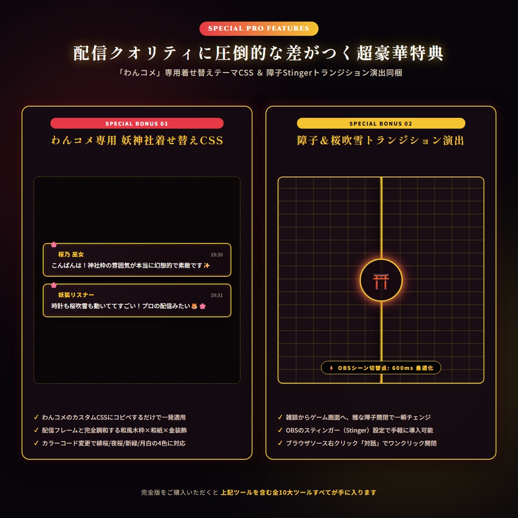 【無料版あり・TRPG/OBS対応】桜吹雪×障子×幽玄『月夜の妖神社』配信&TRPG画面キット【超完全版】(動く時計・待機画面・目標カウンター・環境エフェクト・わんコメCSS・障子演出・4色枠・商用OK)