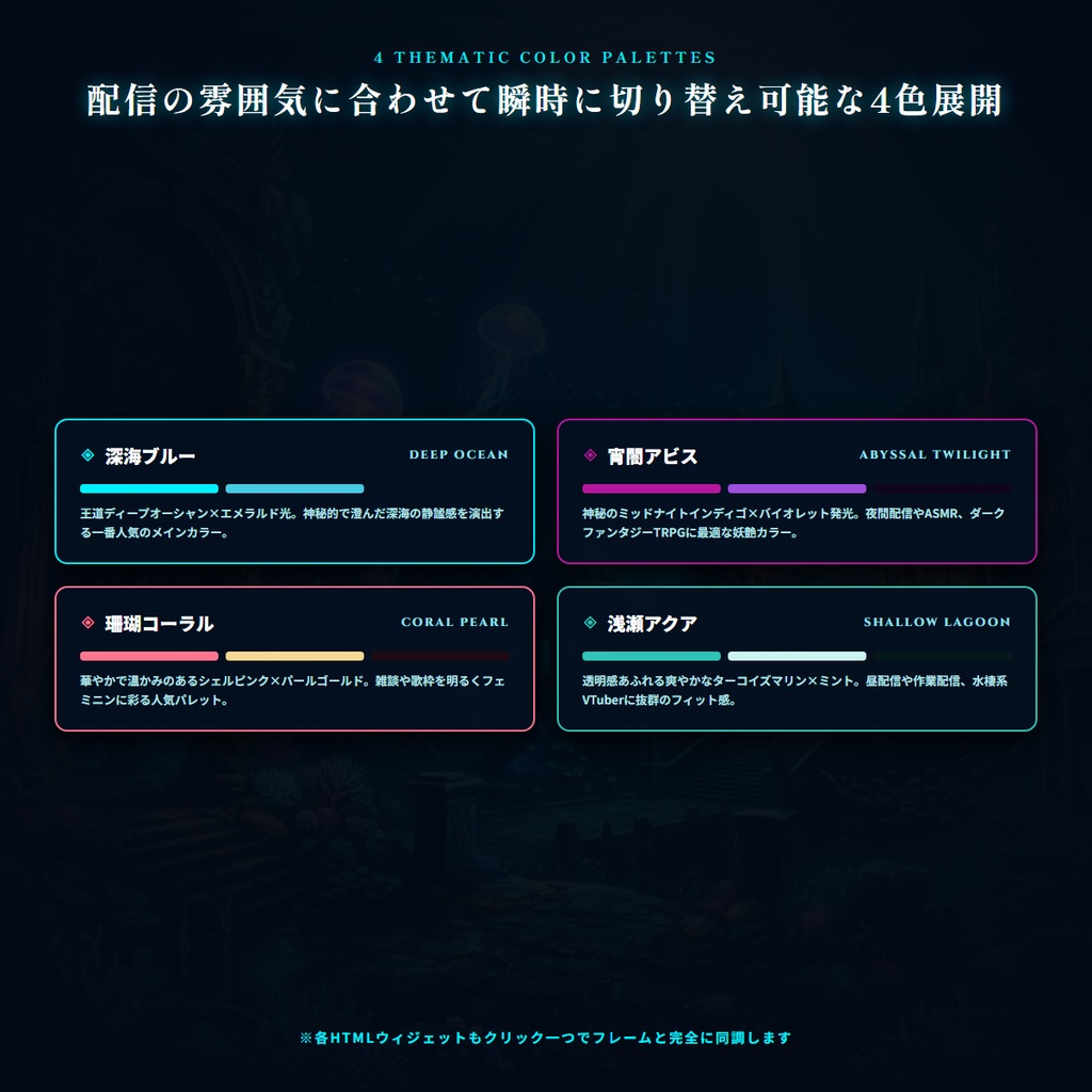 【無料版あり・TRPG/OBS対応】水没都市×発光クラゲ『深海アクアリウム』配信&TRPG画面キット【超完全版】(動く時計・待機画面・目標カウンター・環境エフェクト・わんコメCSS・水面ダイブ演出・4色枠・商用OK)
