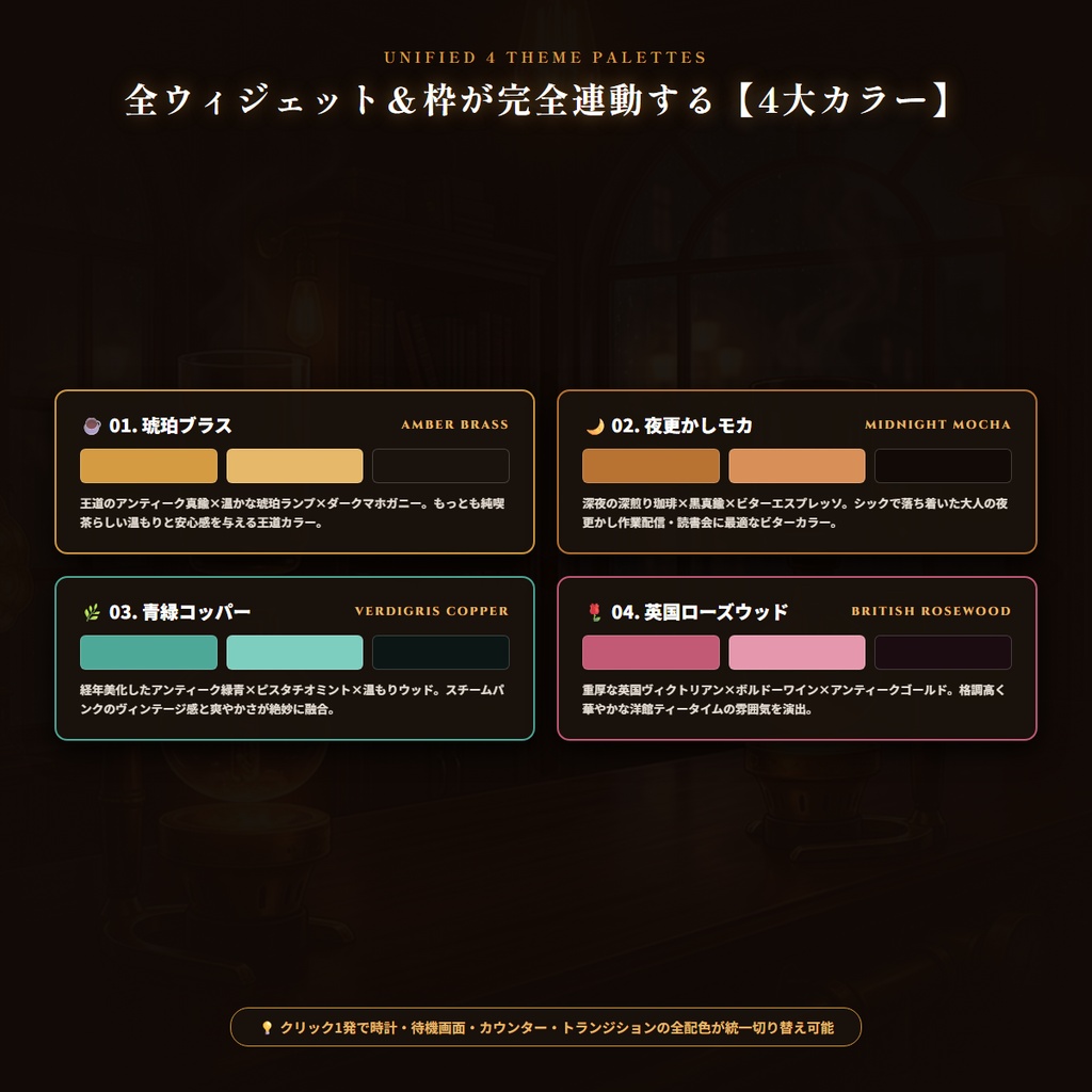 【無料版あり・TRPG/OBS対応】英国レトロ純喫茶×スチームパンク『真鍮珈琲館』配信&TRPG画面キット【超完全版】(動く時計・待機画面・目標カウンター・環境エフェクト・わんコメCSS・真鍮ギア演出・4色枠・商用OK)