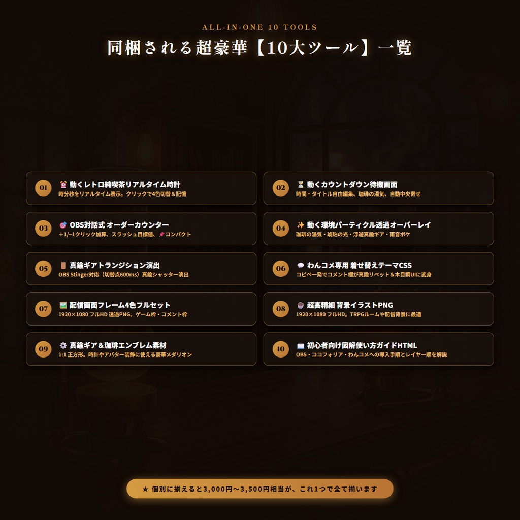 【無料版あり・TRPG/OBS対応】英国レトロ純喫茶×スチームパンク『真鍮珈琲館』配信&TRPG画面キット【超完全版】(動く時計・待機画面・目標カウンター・環境エフェクト・わんコメCSS・真鍮ギア演出・4色枠・商用OK)