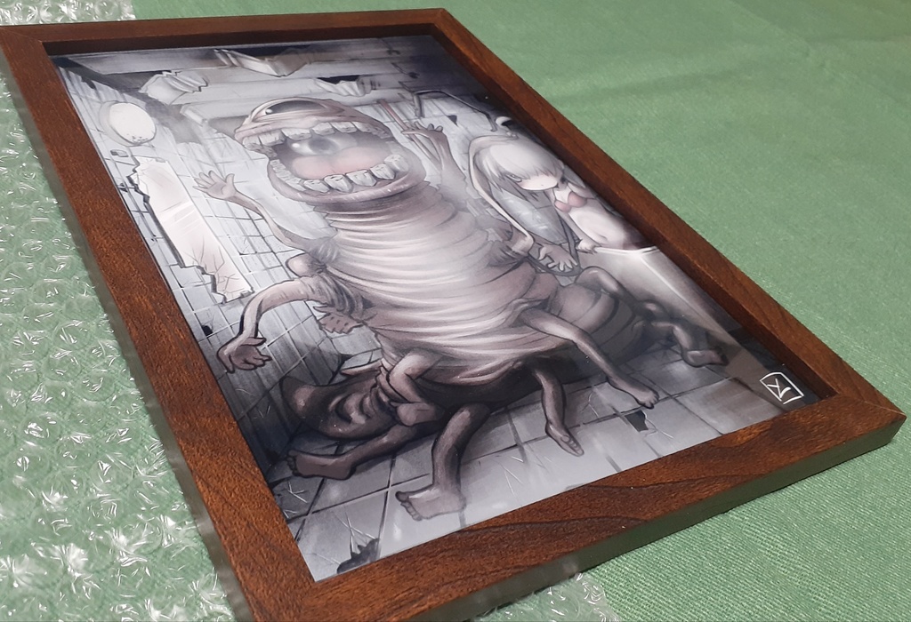 精神世界の廃墟で遭遇した化け物と少女(額装)