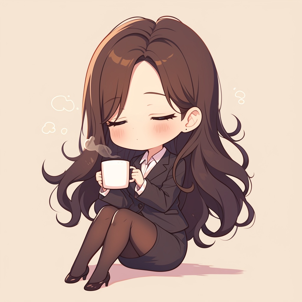 【ゆるかわミニキャラ素材】コーヒーを片手にがんばるOLさん(アイコン5点セット / 商用OK)