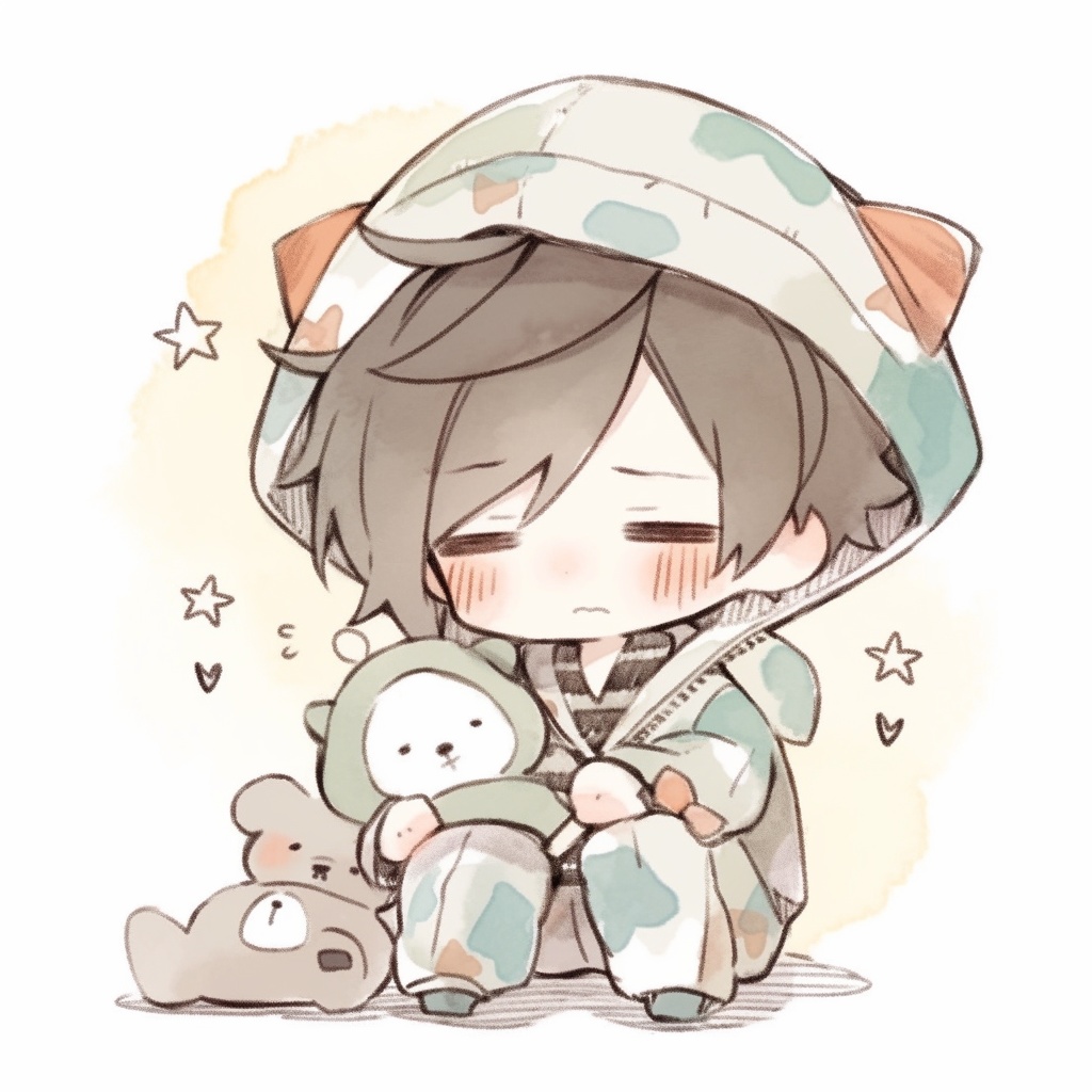 【ミニキャラ素材】おやすみ準備中のねむねむキャラ(パジャマ姿 / 5点セット / 商用OK)