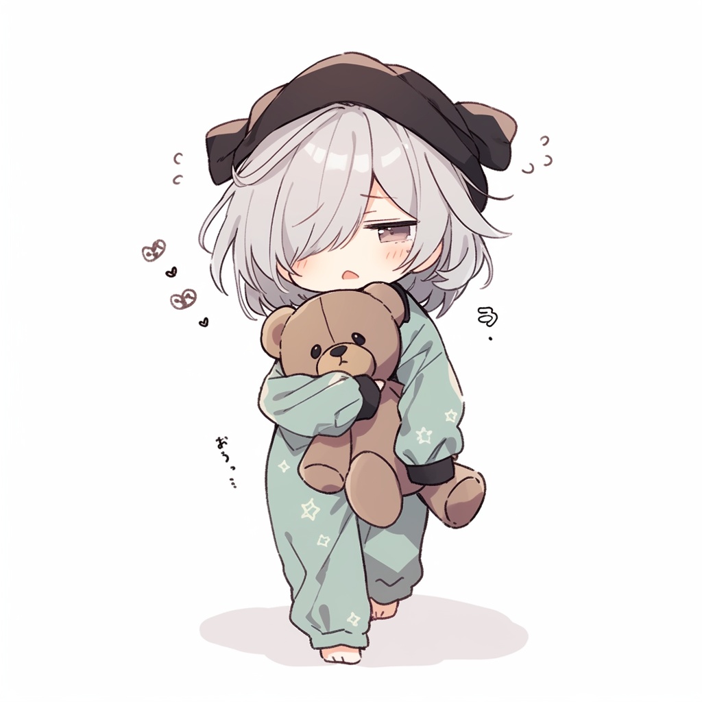 【ミニキャラ素材】おやすみ準備中のねむねむキャラ(パジャマ姿 / 5点セット / 商用OK)