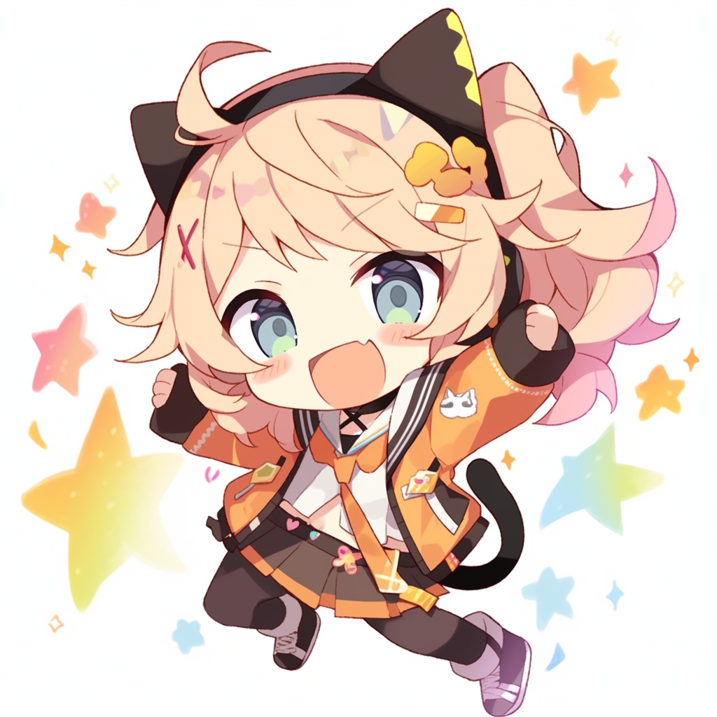 【ミニキャラ素材】はしゃぎまくりの猫耳ガール！（元気系 / アイコン5点セット / 商用OK）