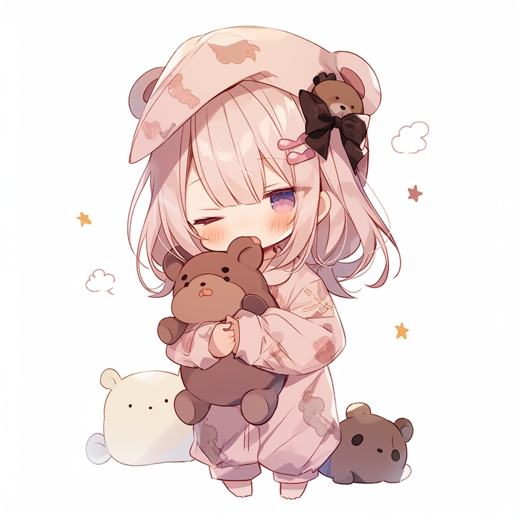 【ミニキャラ素材】おやすみ準備中のねむねむキャラver.2(パジャマ姿 / 5点セット / 商用OK)