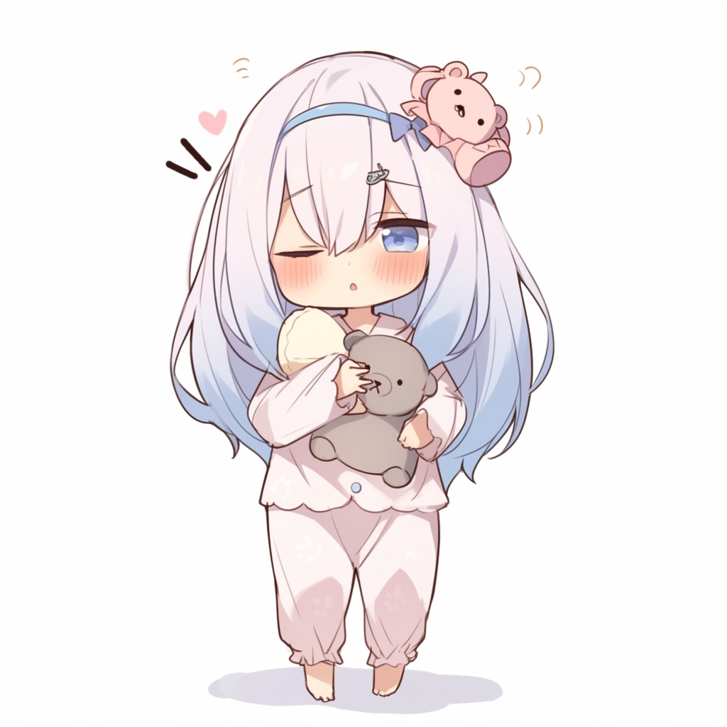 【ミニキャラ素材】おやすみ準備中のねむねむキャラver.2(パジャマ姿 / 5点セット / 商用OK)