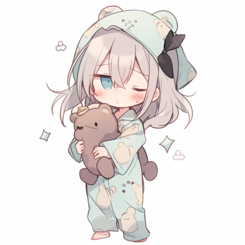 【ミニキャラ素材】おやすみ準備中のねむねむキャラver.2(パジャマ姿 / 5点セット / 商用OK)