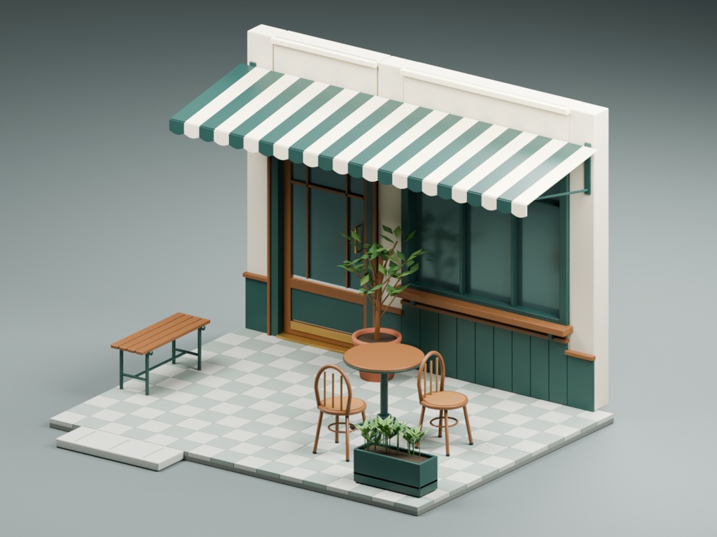 喫茶店の入口と小さなテラス｜3D素材15種類｜FBX・GLB・Blender・Unity