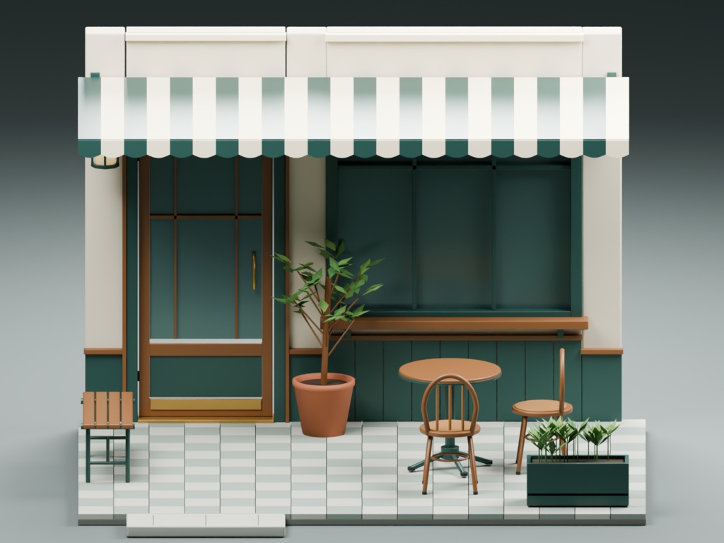 喫茶店の入口と小さなテラス|3D素材15種類|FBX・GLB・Blender・Unity