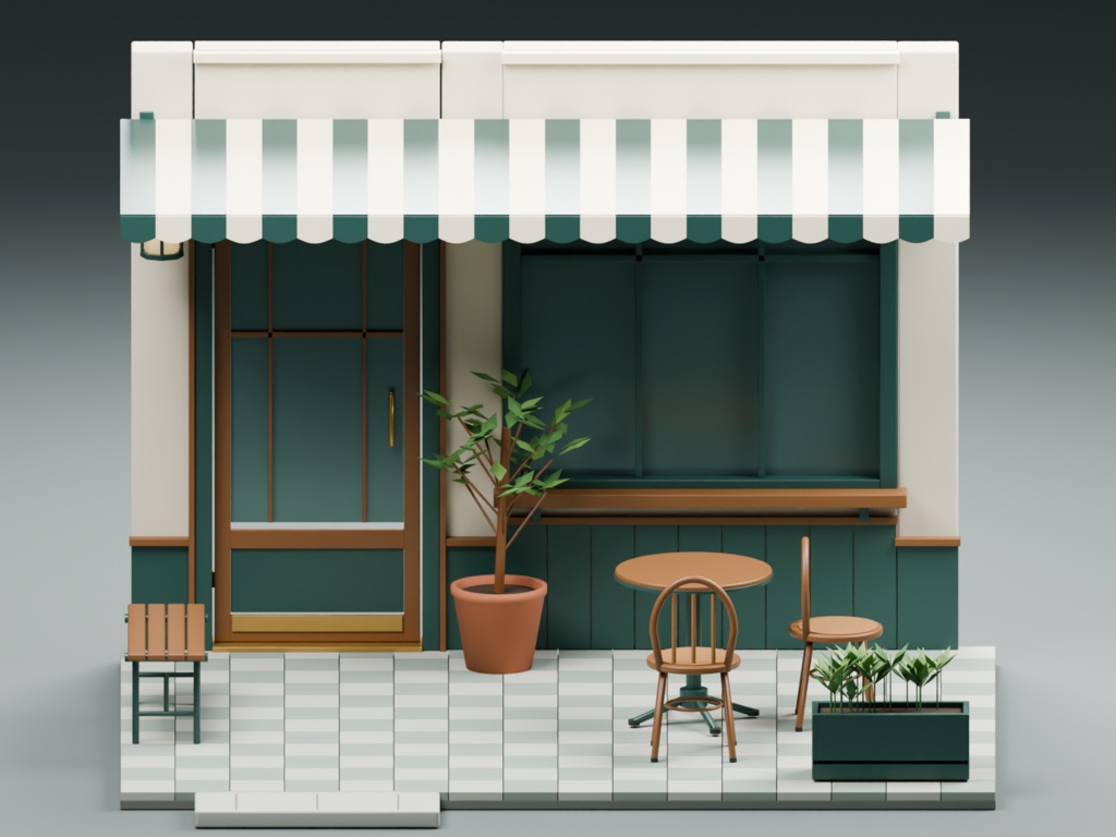 喫茶店の入口と小さなテラス|3D素材15種類|FBX・GLB・Blender・Unity