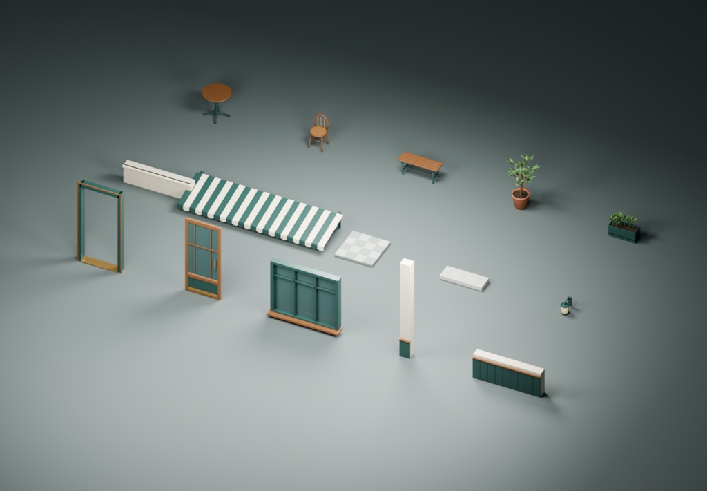 喫茶店の入口と小さなテラス|3D素材15種類|FBX・GLB・Blender・Unity
