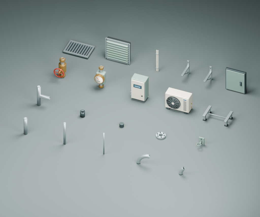 接続できる路地配管・生活設備|3D素材20部品|FBX・GLB・Blender・Unity