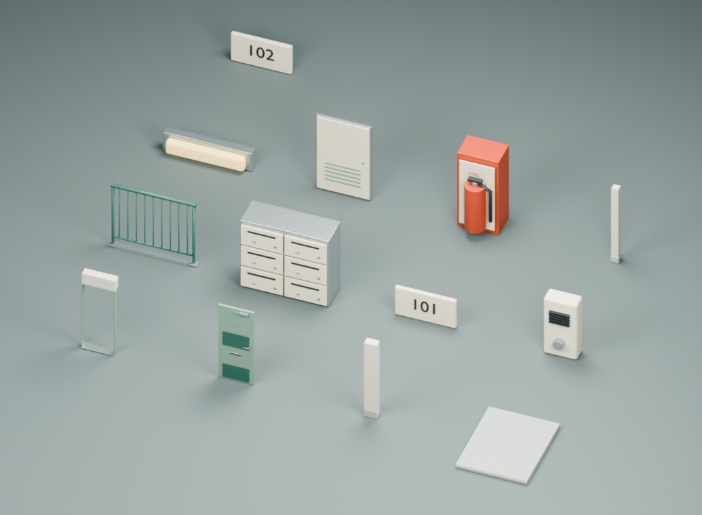 団地・アパートの共用廊下|3D素材13部品|FBX・GLB・Blender・Unity