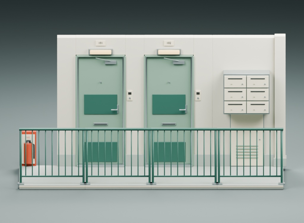 団地・アパートの共用廊下|3D素材13部品|FBX・GLB・Blender・Unity