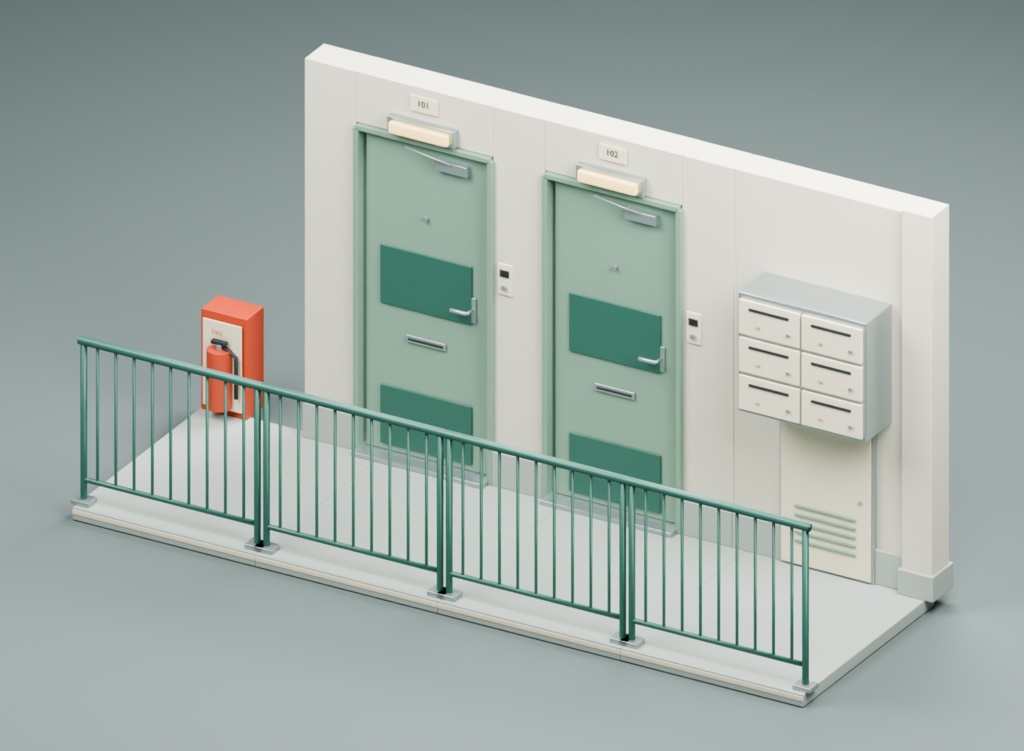 団地・アパートの共用廊下｜3D素材13部品｜FBX・GLB・Blender・Unity