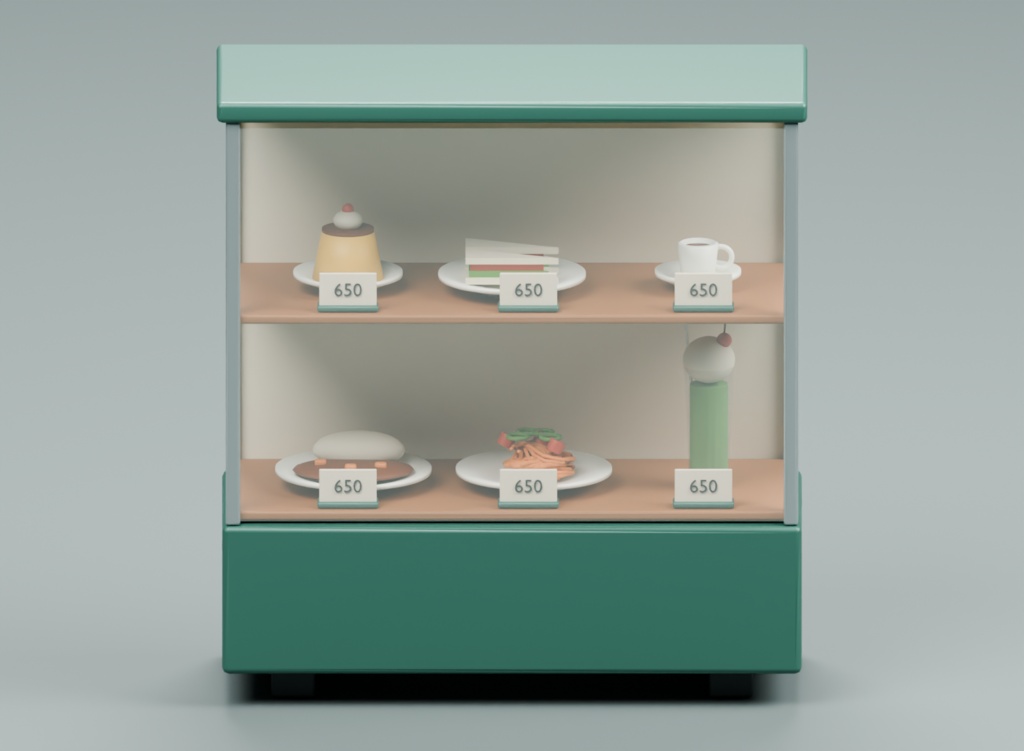 純喫茶の食品サンプル展示|3D素材9部品|FBX・GLB・Blender・Unity