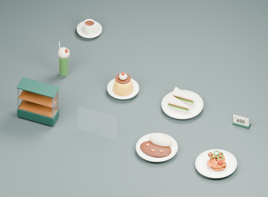 純喫茶の食品サンプル展示|3D素材9部品|FBX・GLB・Blender・Unity
