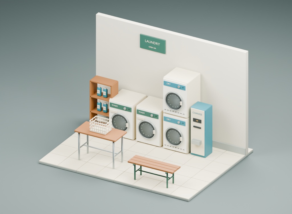 小さなコインランドリーの一角｜3D素材11部品｜FBX・GLB・Blender・Unity