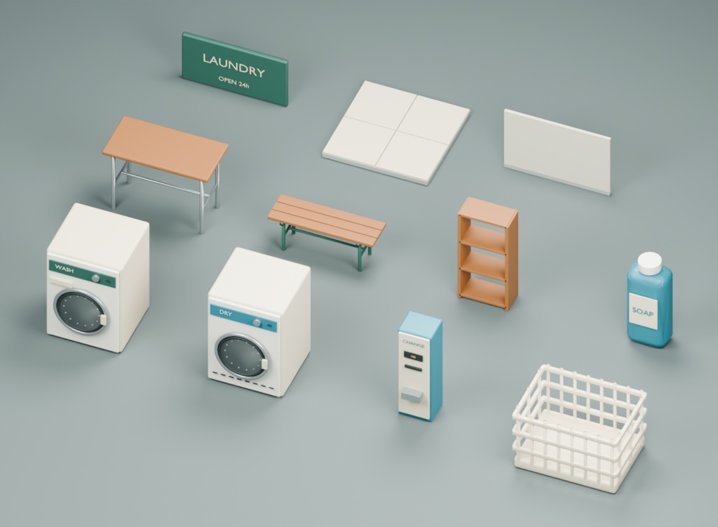 小さなコインランドリーの一角|3D素材11部品|FBX・GLB・Blender・Unity