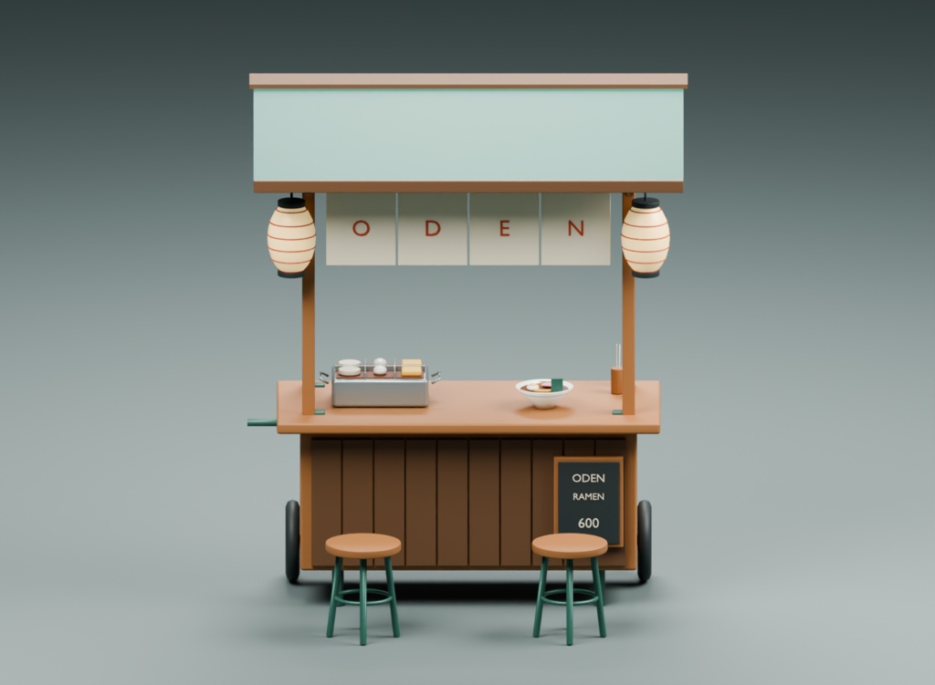 夜のおでん・ラーメン屋台|3D素材9部品|FBX・GLB・Blender・Unity