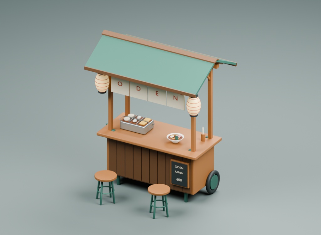 夜のおでん・ラーメン屋台|3D素材9部品|FBX・GLB・Blender・Unity