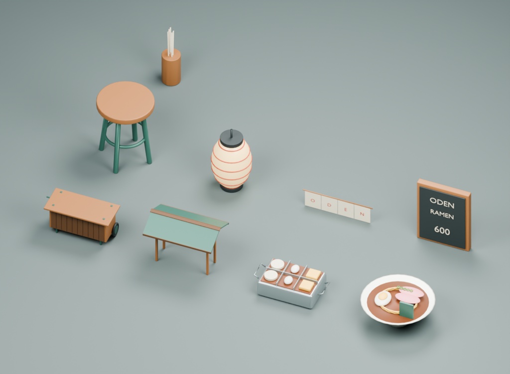 夜のおでん・ラーメン屋台|3D素材9部品|FBX・GLB・Blender・Unity
