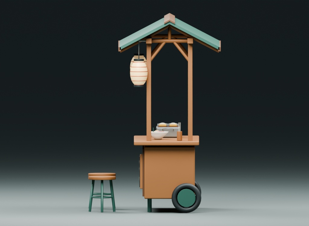 夜のおでん・ラーメン屋台|3D素材9部品|FBX・GLB・Blender・Unity