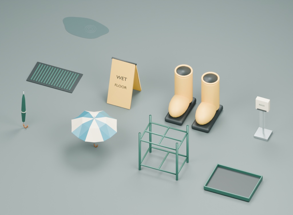 雨の日の店先小物|3D素材9部品|FBX・GLB・Blender・Unity