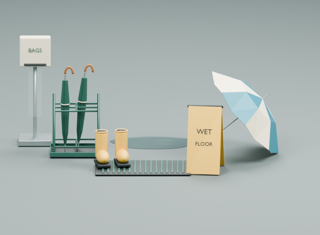 雨の日の店先小物|3D素材9部品|FBX・GLB・Blender・Unity