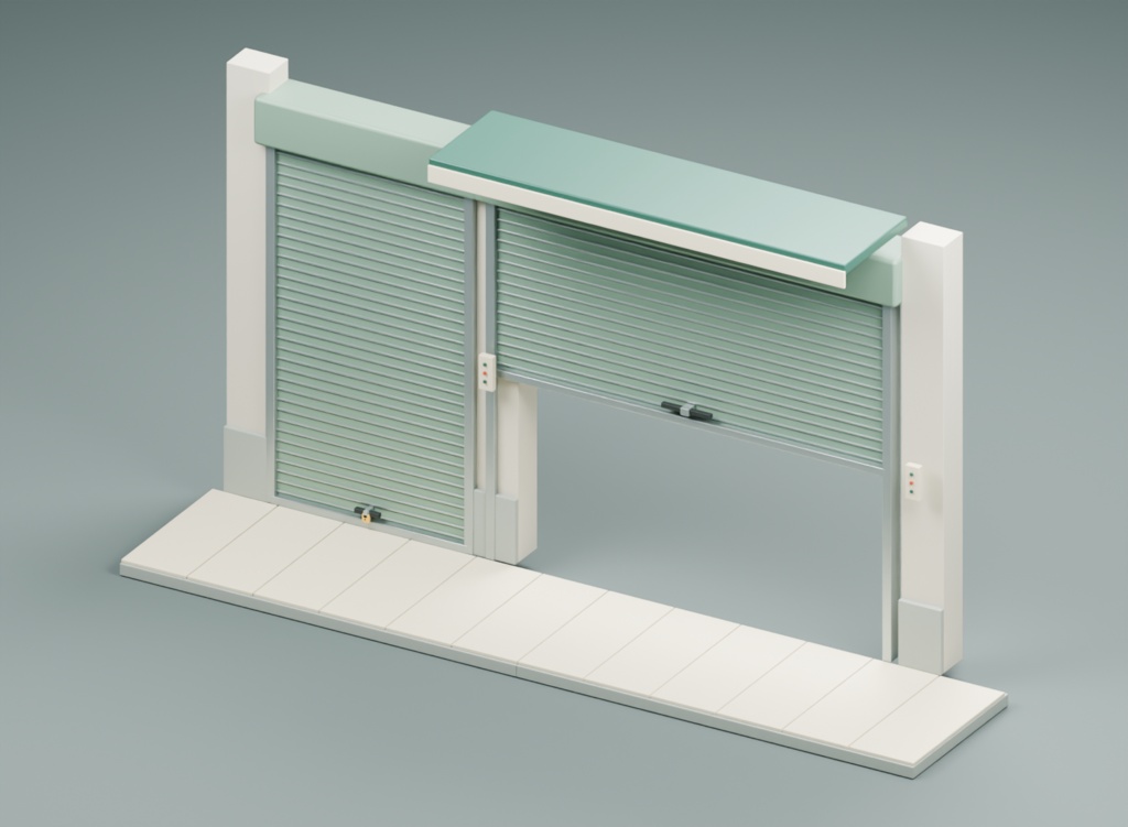 閉店後の商店街・シャッター店先|3D素材10部品|FBX・GLB・Blender・Unity