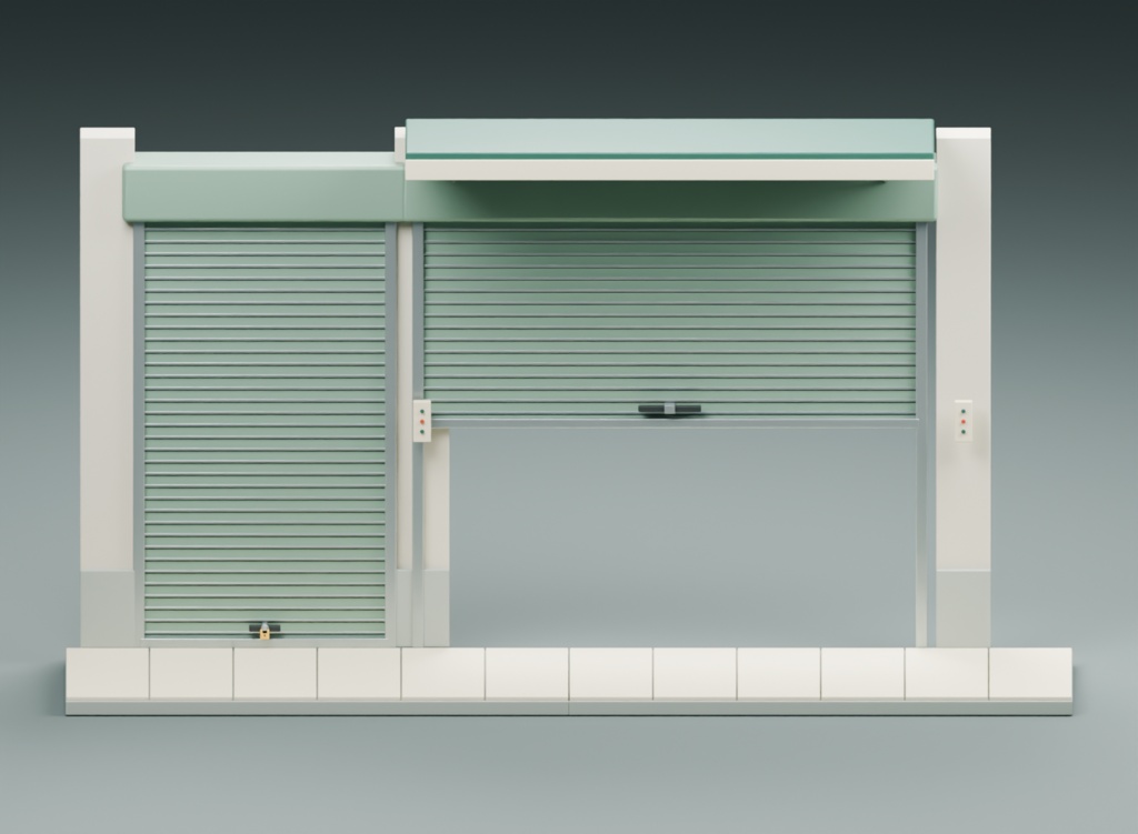 閉店後の商店街・シャッター店先|3D素材10部品|FBX・GLB・Blender・Unity