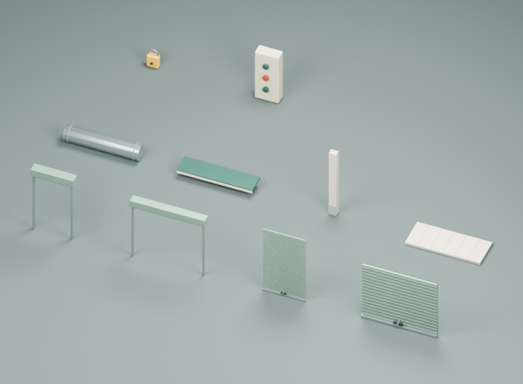 閉店後の商店街・シャッター店先|3D素材10部品|FBX・GLB・Blender・Unity