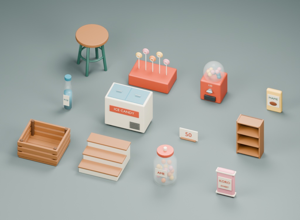 駄菓子屋の店頭陳列|3D素材12部品|FBX・GLB・Blender・Unity
